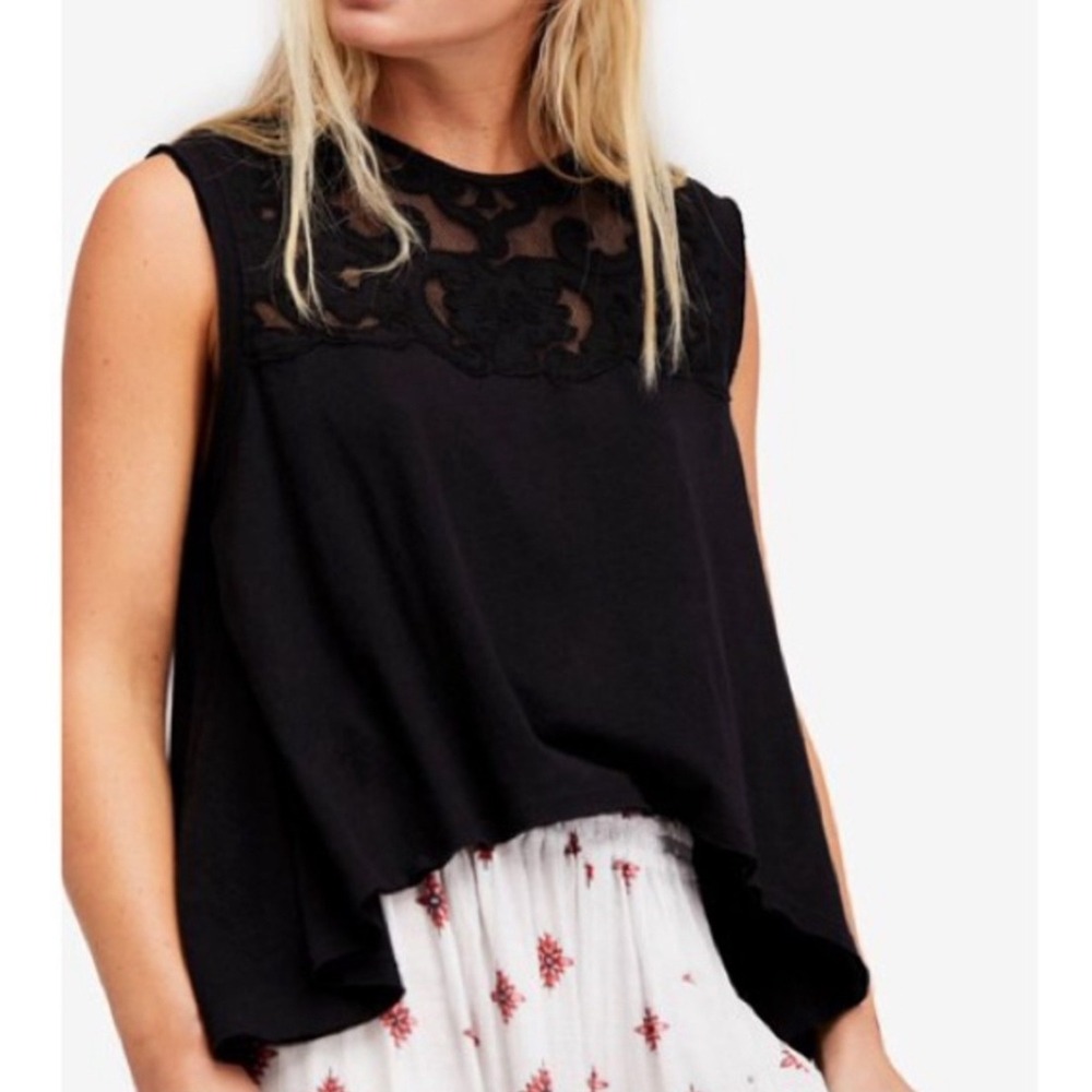 Free People Meant To Be Swing Tank Top XS Charcoal Lace Mesh‎ Yoke Sleeveless